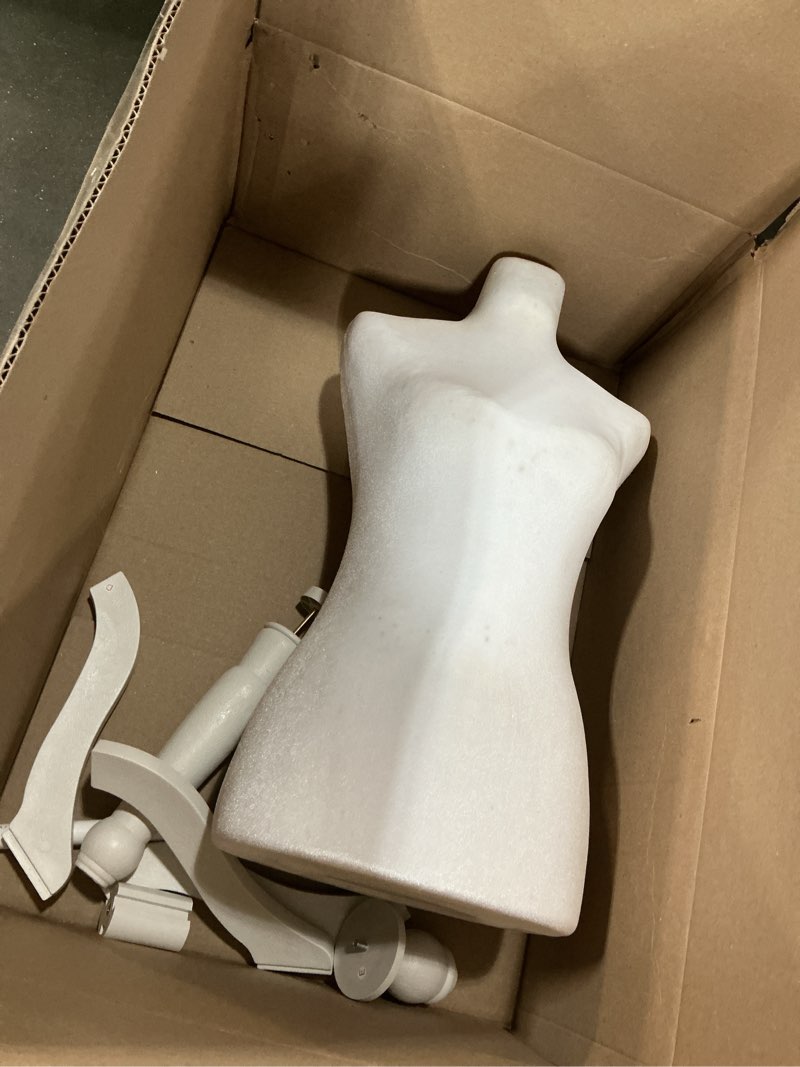 Condition photo showing As Is for mannequin dress form 49.6"-63.7" inch height adjustable female model display mannequin body high density foam with wooden tripod base stand for sewing dressmakers dress display,white