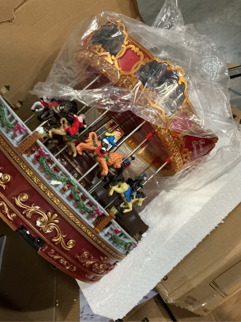 Condition photo showing New/Like New for Christmas Carousel Decoration, 14inch Large Size, Carousel Go Round with Music and Lights, Realistic Scene, Add Christmas Atmosphere, Perfect ?red? 1-red