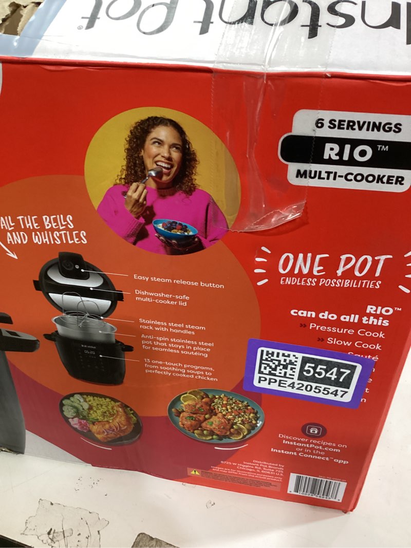 Condition photo showing As Is for instant pot 6qt rio 7-in-1 multi-cooker, pressure cooker, slow cook, sauté, steam, rice maker, yogurt, & warmer, black, 6 quarts