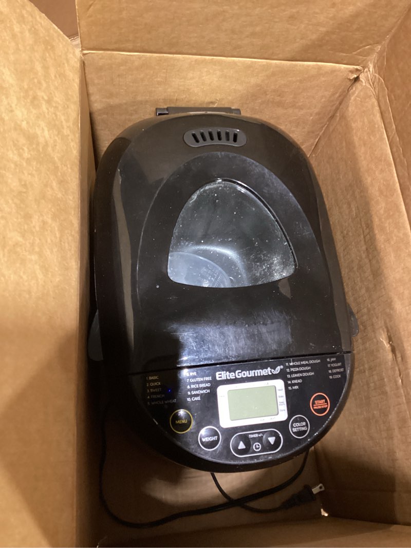 Condition photo showing As Is for Elite Gourmet Programmable Bread Maker, 2 lb Loaf, 3 Sizes, 19 Presets incl. Gluten-Free, Dough & Jam, Delay Timer, Black