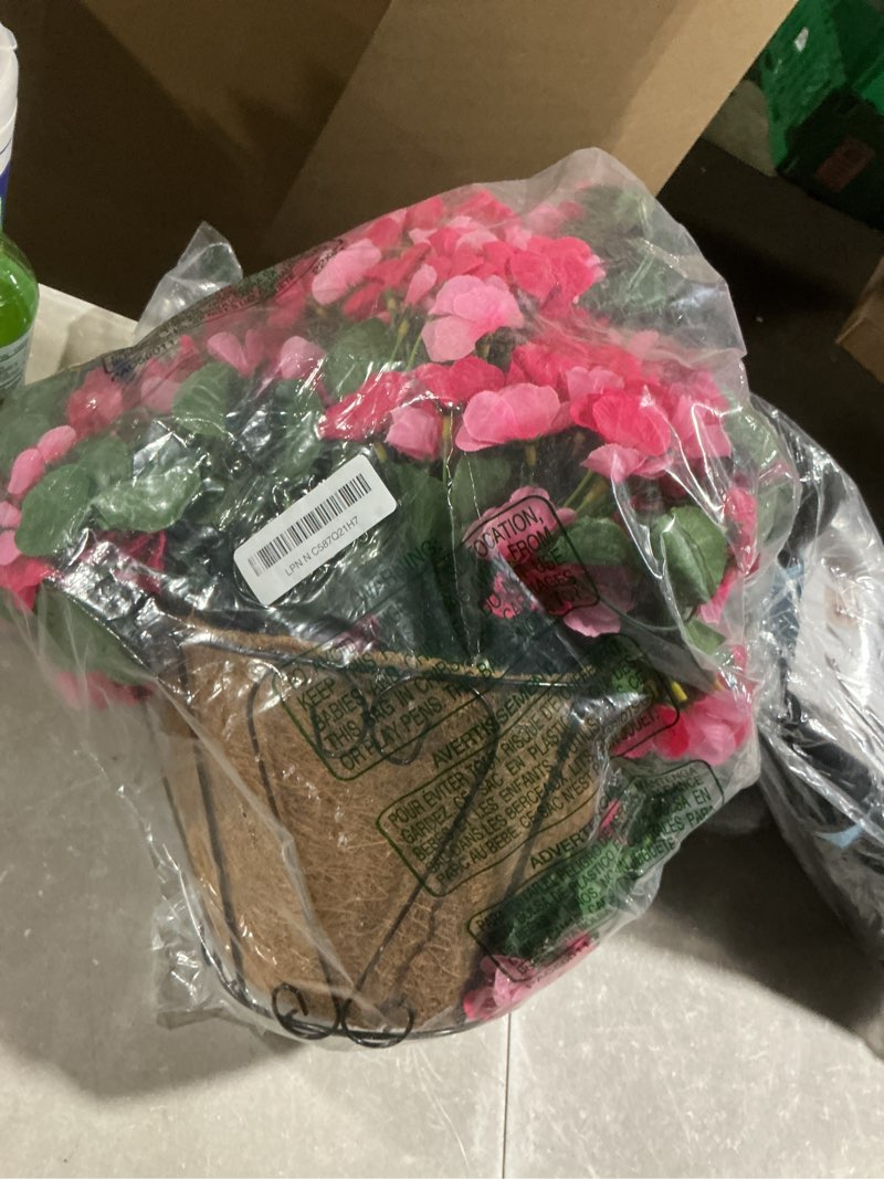 Condition photo showing As Is for inqcmy artificial hanging flowers basket for outdoors spring summer decoration,faux silk begonia in planter look real uv resistant for outside home porch patio garden balcony yard decor?deep pink?