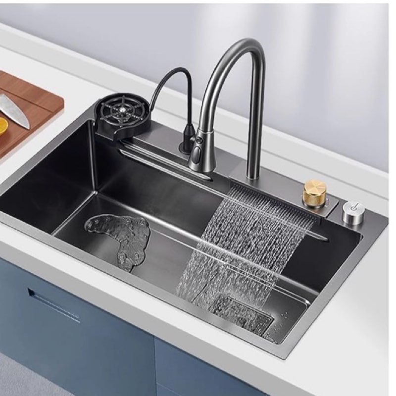 304 Stainless Steel Handmade Kitchen Sink Multi-Purpose Waterfall Bar Sink Black Rv Sink with Pull-Out Faucet and Cup Washer Top Mount Or Undermount (Color : Black, Size : 75x45x22cm)