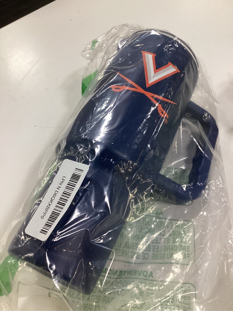 Condition photo showing As Is for logo brands ncaa 40 oz tumbler with handle -stainless steel insulated travel tumbler with straw lid – powder coated, leak-resistant, keeps drinks hot/cold – great for tailgating, or everyday use virginia cavaliers