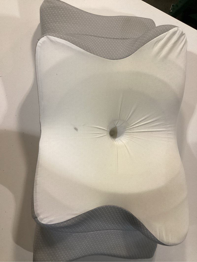 Condition photo showing As Is for queen size cervical memory foam pillow, gray | butterfly ergonomic contour, dual heights 8.7/10cm, 26.2×15.36in, removable breathable cooling pillowcase, relieves neck pain white grey