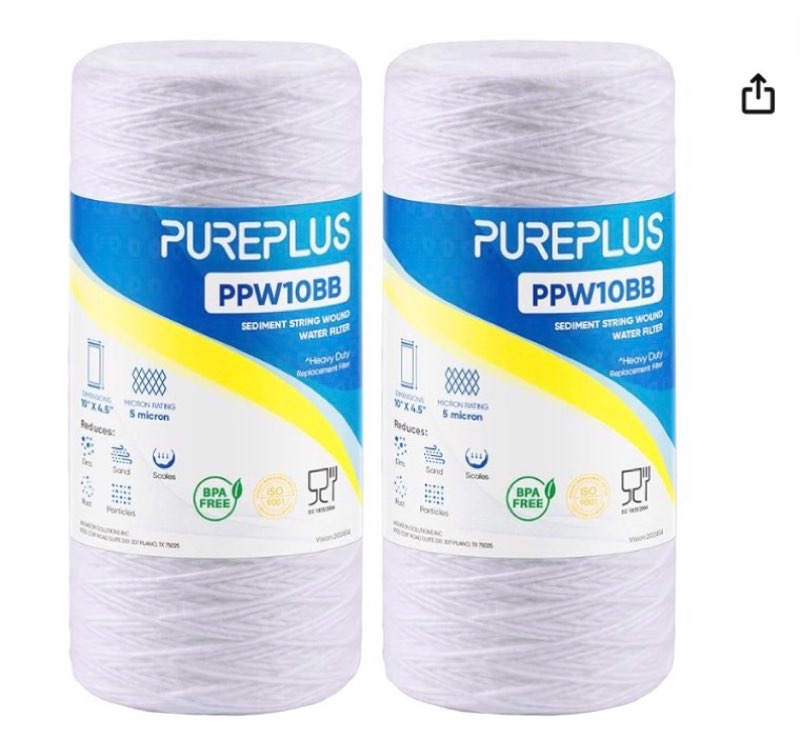 pureplus 5 micron 10 x 4.5 whole house string wound sediment filter for well water, replacement cartridge for 84637, wpx5bb97p, pc10, 355214-45, 355215-45, wp10bb97p, wp5bb97p, 2pack