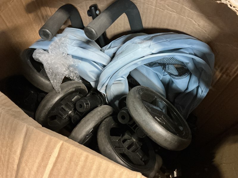 Condition photo showing As Is for dream on me twin venture umbrella stroller in light blue, multi backrest positions, adjustable & removable canopy double stroller, 360°swivel wheels with locks