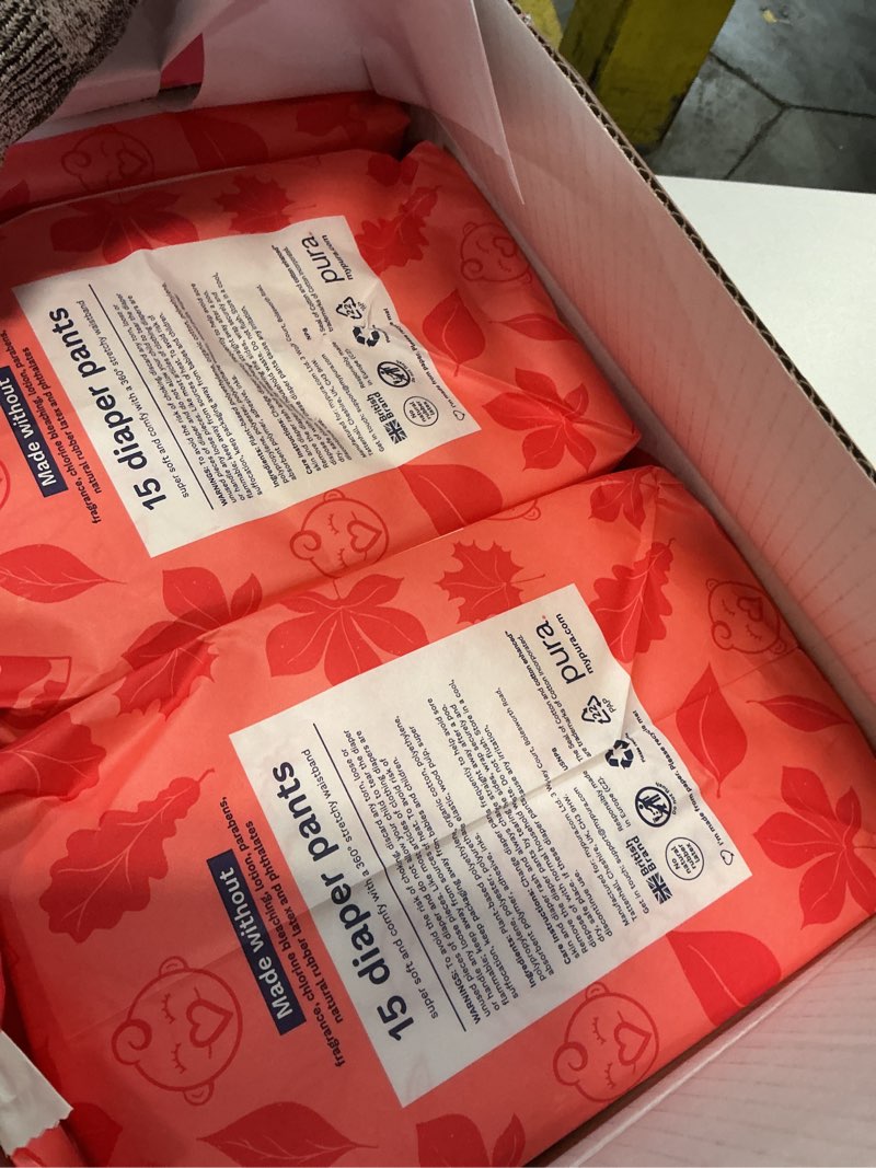 Condition photo showing Good Condition for Pura Hypoallergenic Diaper Pants Size 8 (41+ lbs) Overnight, up to 12 Hours Leak Protection, Suitable for Sensitive Skin, Totally Chlorine Free, Soft Organic Cotton, 3 Packs of 15 (45 Pull Up Pants) Size 8 (45 Diaper Pants)