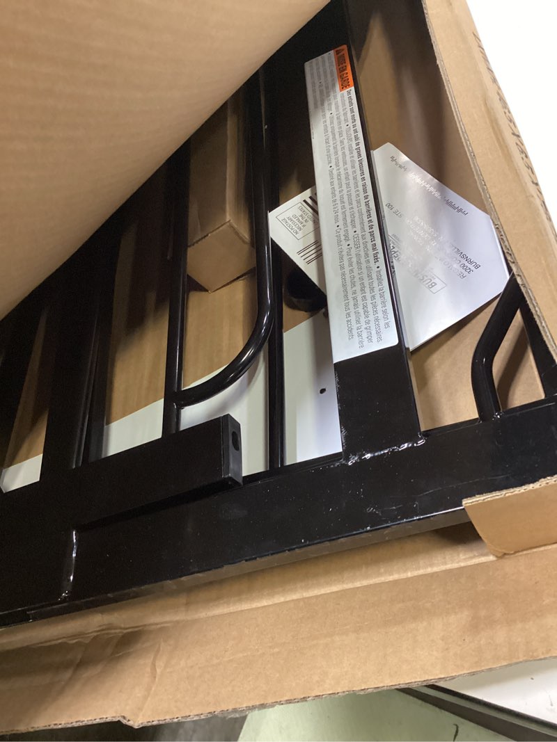 Condition photo showing As Is for regalo safety 29-38.5" baby gate for doorways & bottom of stairs, pressure mounted baby gate with door for babies, toddlers & pets, tested & safe for 30 years, american designed, american owned, black black 29-38.5"w x 30"h