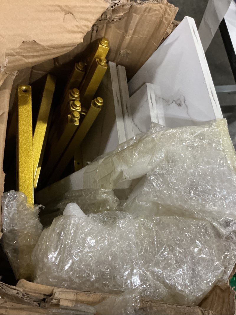 Condition photo showing As Is for industrial nesting display stand 2 piece set, heavy duty display rise?metal & wood retail shelving forshoes/handbags/boutique/home/store, gold