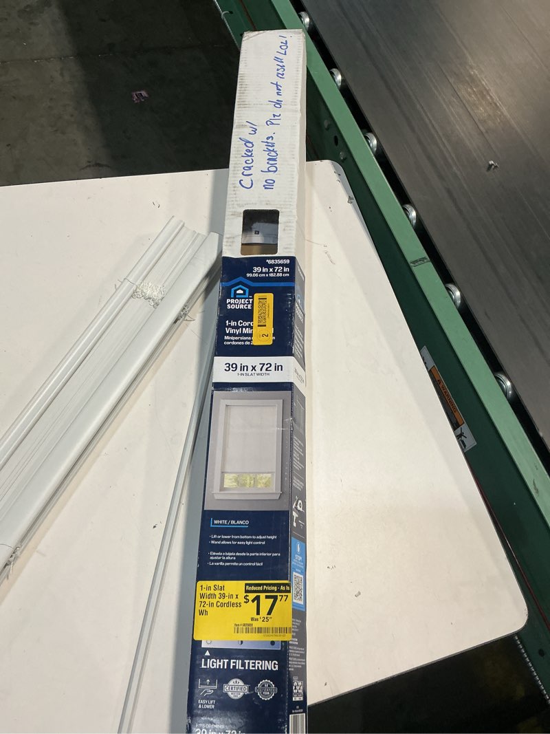 Condition photo showing As Is for project source 1-inch slat 72inch cordless white indoor blinds