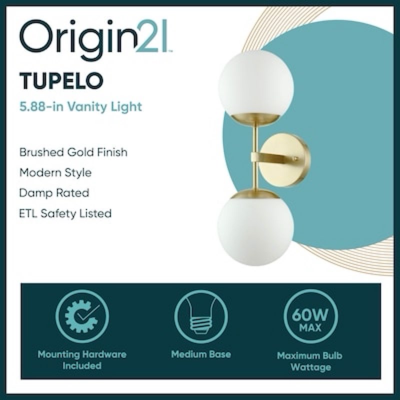 origin 21 tupelo 5.88-in 2 light brushed gold modern/contemporary bathroom vanity light