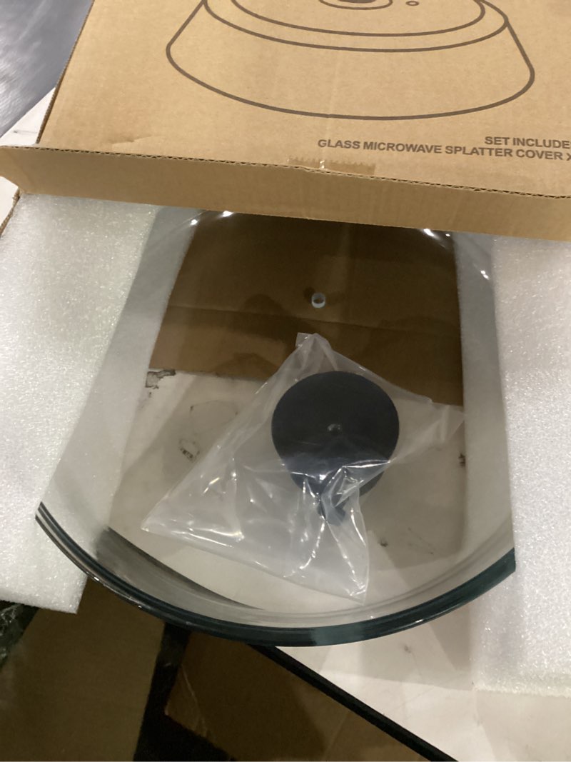 Condition photo showing New/Like New for 10in glass microwave splatter cover for food, 10in glass microwave cover for food, microwave plate lid with vent holes & easy-grip handle, dishwasher safe, no plastic, food grade,