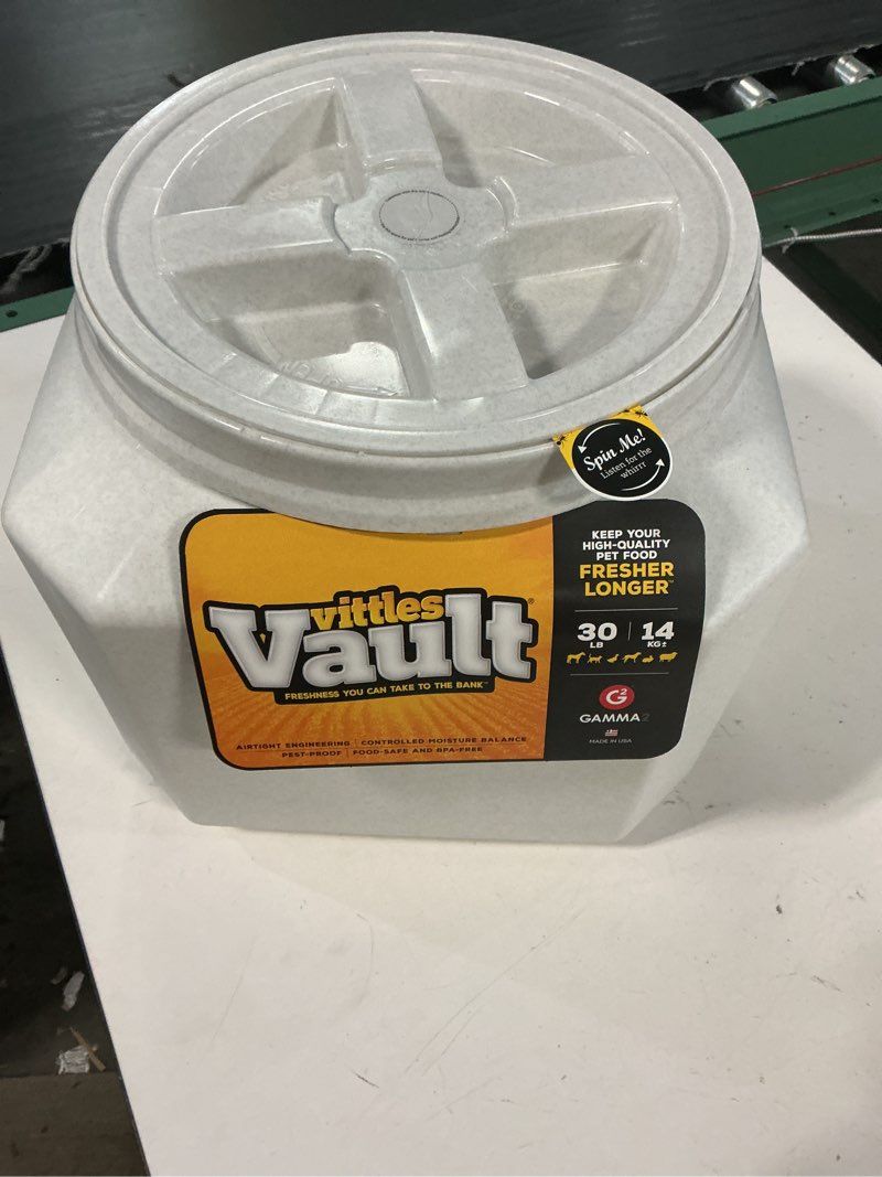 Condition photo showing New/Like New for gamma2 vittles vault dog food storage container with airtight lid, holds up to 25-30 pounds of dry pet food, cat kibble and bird feed, bpa free, made in usa