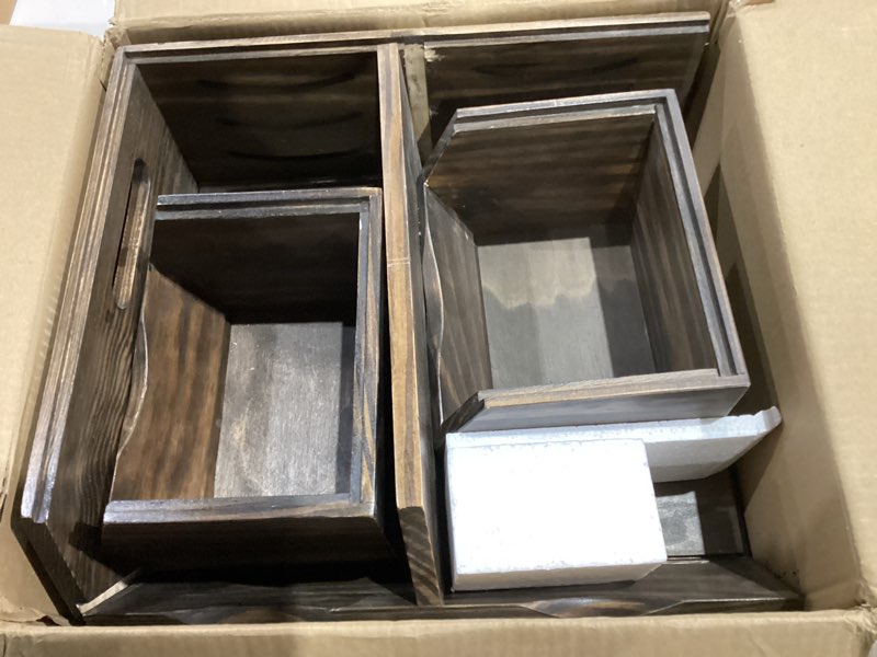 Condition photo showing Good Condition for acacia wood pantry storage bins - stackable open front kitchen baskets with airflow vent for potato, onion, fruit, vegetable, and bread storage, wood organizer for pantry and countertop walnut