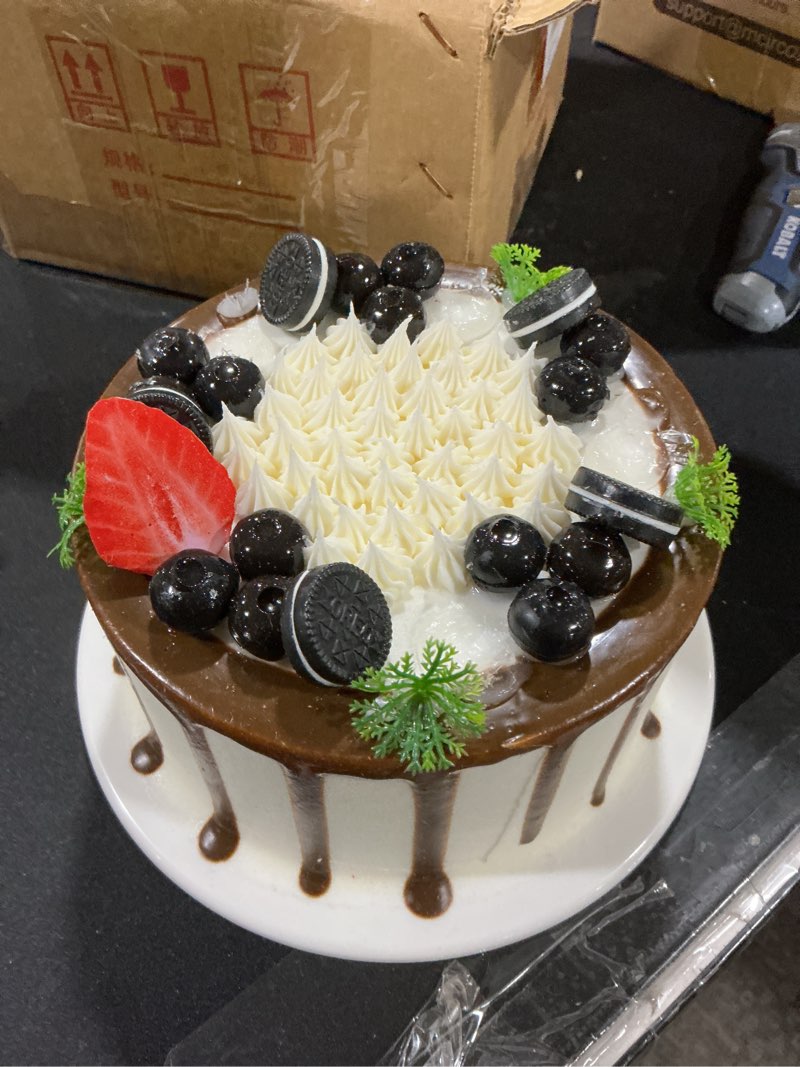 Condition photo showing Good Condition for Fake Cake Dessert Artificial Cream Cake with Chocolate Jam Blueberry Fake Cupcake Faux Food Model Realistic Double-Layered Cake for Decoration Display Photography Props