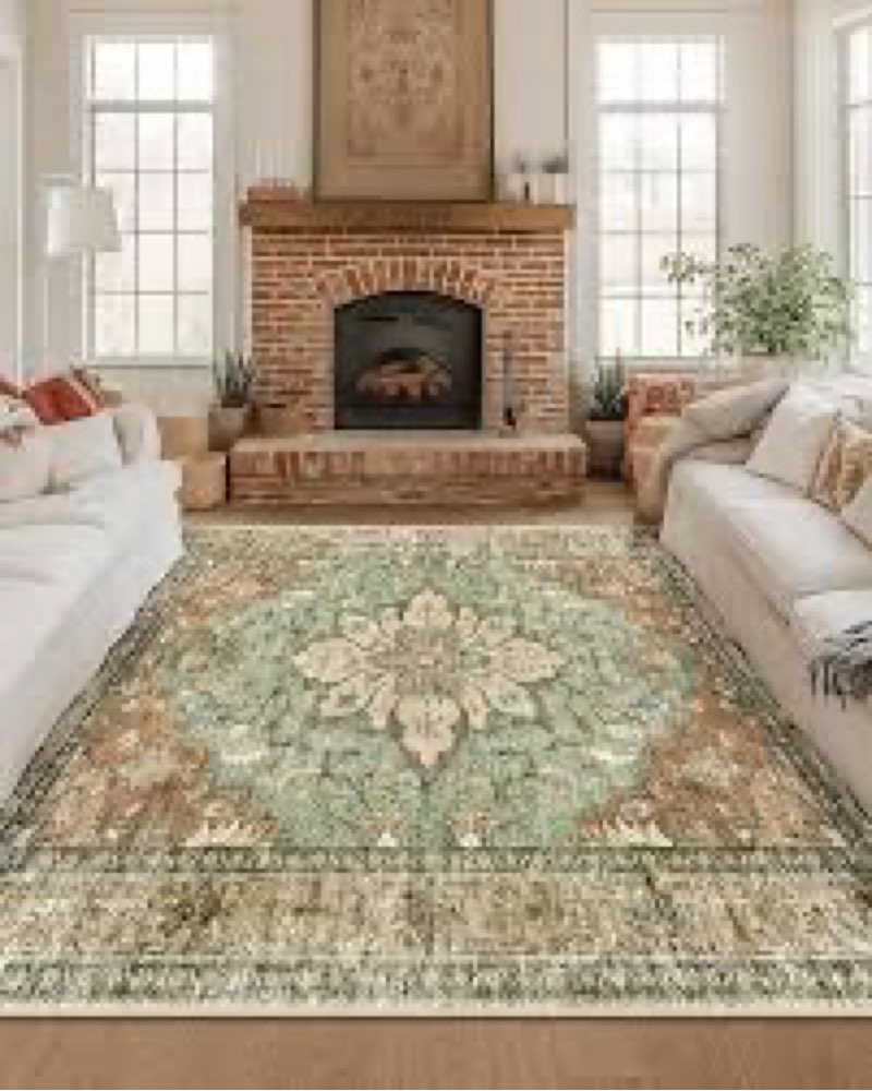RELEANY Area Rugs Square 8ft Washable Non-Slip, Floral Vintage Distress Print Pattern Medallion Carp