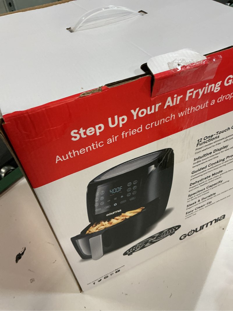 Condition photo showing Good Condition for gourmia air fryer - 6 qt large capacity, fryforce 360º, digital display with 12 presets, roast, bake, broil, dehydrate, dishwasher safe accessories, black 6 quart black