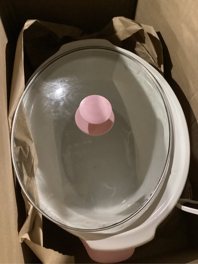 Condition photo showing As Is for paris hilton 6-quart manual slow cooker, features three settings (low, high, warm), naturally nonstick and dishwasher safe stoneware insert, family sized capacity, pink 6 quarts pink