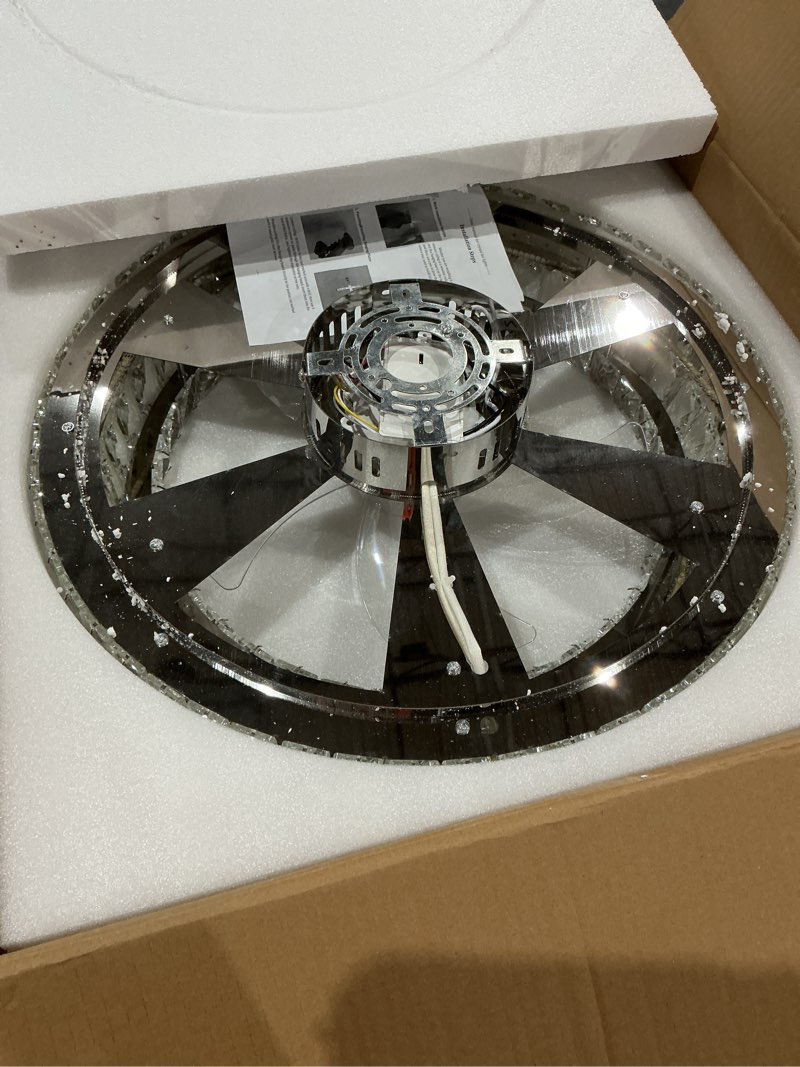 Condition photo showing As Is for fandelier ceiling fan with lights and remote control dimmable crystal ceiling fan led 3 color 6 speeds chandelier fan bedroom kitchen living room
