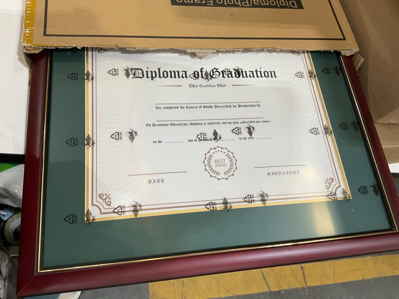 Condition photo showing Good Condition for GraduatePro 11x14 Diploma Frame with Forest over Gold Mat or Display 15x18 Certificate without Mat, Solid Wood & UV Protection Acrylic, Cherry Finish with Gold Trim 15x18 or 11x14 Forest Gold Mat