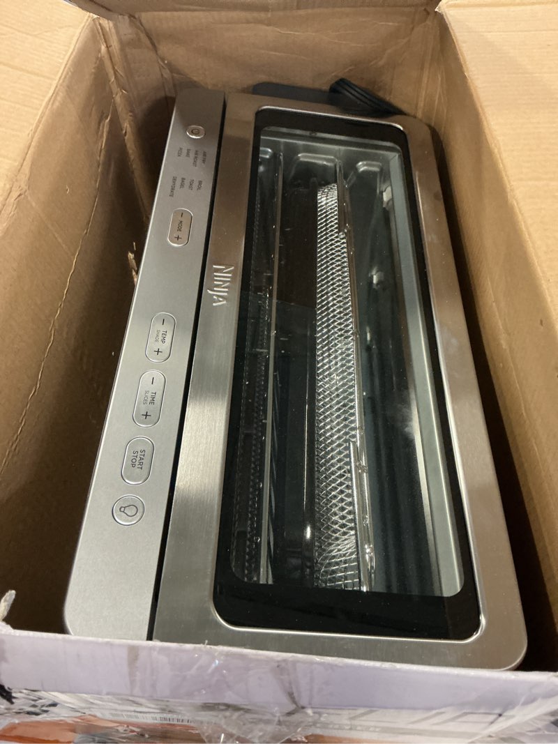 Condition photo showing As Is for Ninja Flip Toaster Oven&Air Fryer, 8-in-1 Functionality, Flip Up&Away Capability for Storage Space, LargeCapacity, Air Fry Basket, SheetPan, Wire Rack&Removable Crumb Tray, Stainless,1800 watts, SP151 Stainless Premium 8-in-1 Flip Oven