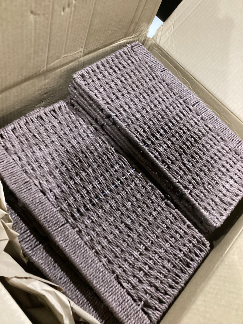 Condition photo showing Good Condition for UBBCARE 3 Pack Wicker Basket, 13.4L×8.3H×7.1W inch Woven Paper Rope Storage Baskets for shelves, Foldable Rectangular Storage Baskets with Handle, Storage Basket for Organizing, Dark Brown