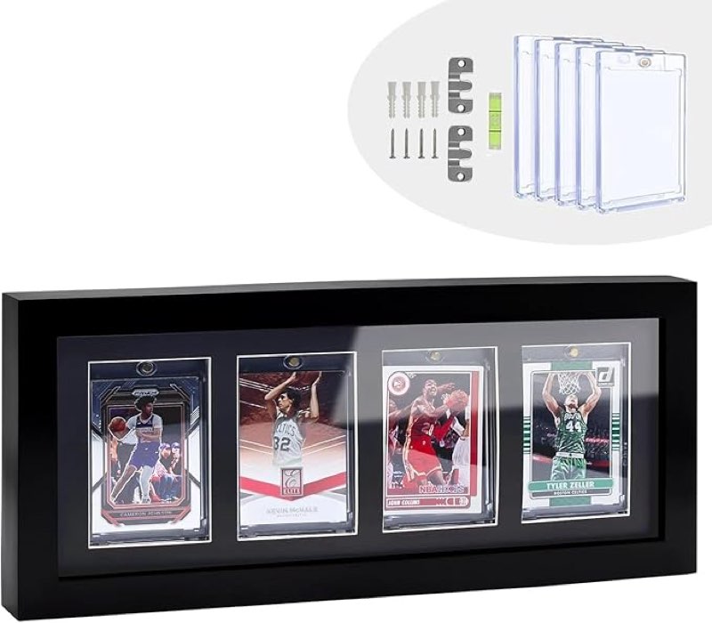4Grids Trading Cards Display Frame, 100% Solid Wood Frame with 4 Pieces Magnetic Card Holder for Football, Basketball, Hockey Collector Cards(Standard Cards, Black)