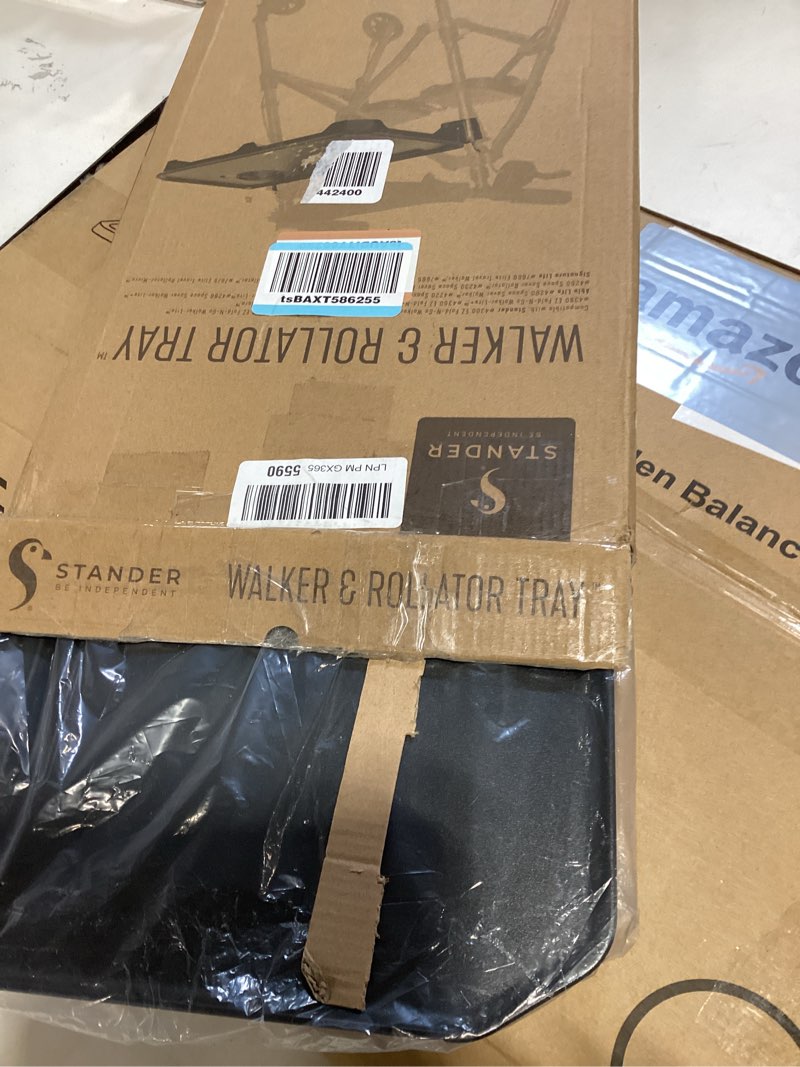Condition photo showing New/Like New for stander walker tray table, only compatible with stander's wonder-walkers and wonder-rollators, mobility aid tray-accessory with cup holder, tool-free assembly, black