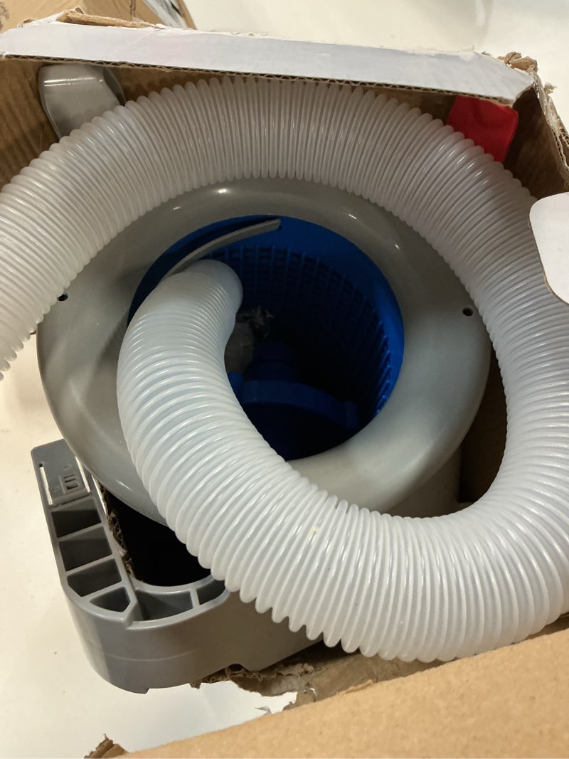 Condition photo showing As Is for above ground pool skimmer with 5 skimmer socks, wall mount surface skimmer with hose & basket, compatible with intex pools, adjustable floating filter, automatically removes leaves & debris