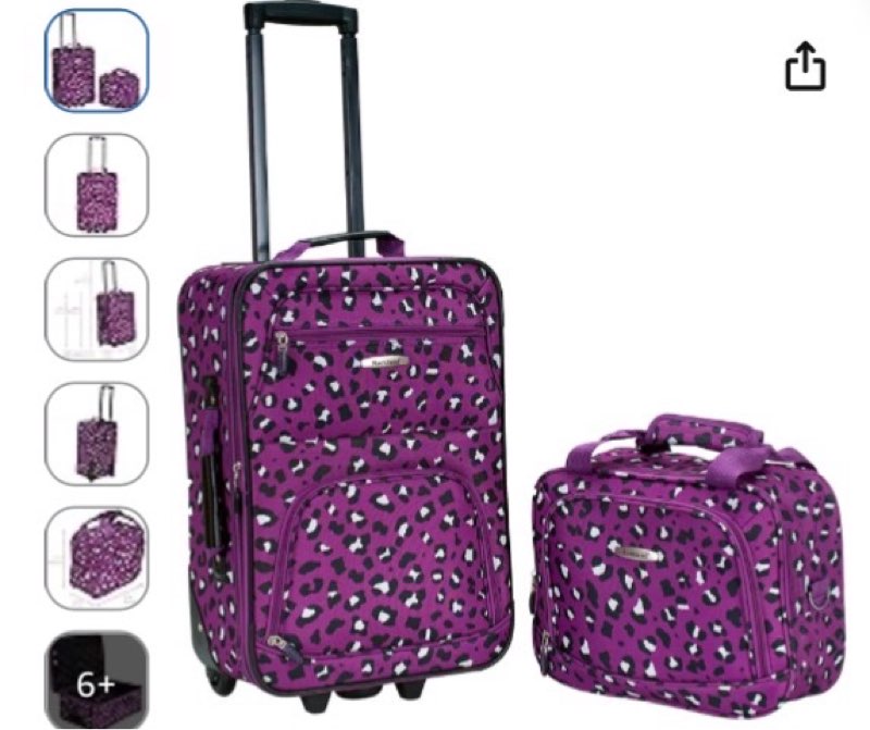 Rockland Fashion Softside Upright Luggage Set, Expandable,Telescopic Handle,Wheel, Purple Leopard, 2-Piece (14/19)