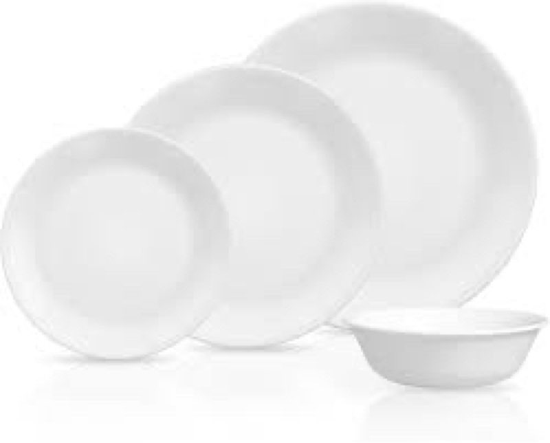 corelle vitrelle 8-piece service for 2 dinnerware set, triple layer glass and chip resistant, lightweight round plates and bowls set, winter frost white