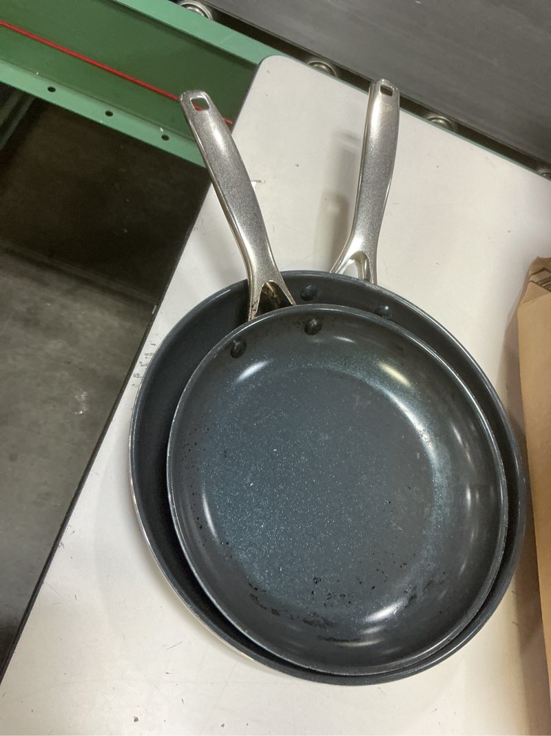 Condition photo showing As Is for blue diamond hard anodized toxin-free ceramic nonstick dishwasher, oven, broiler, metal utensil safe frying pan set, 10" and 12