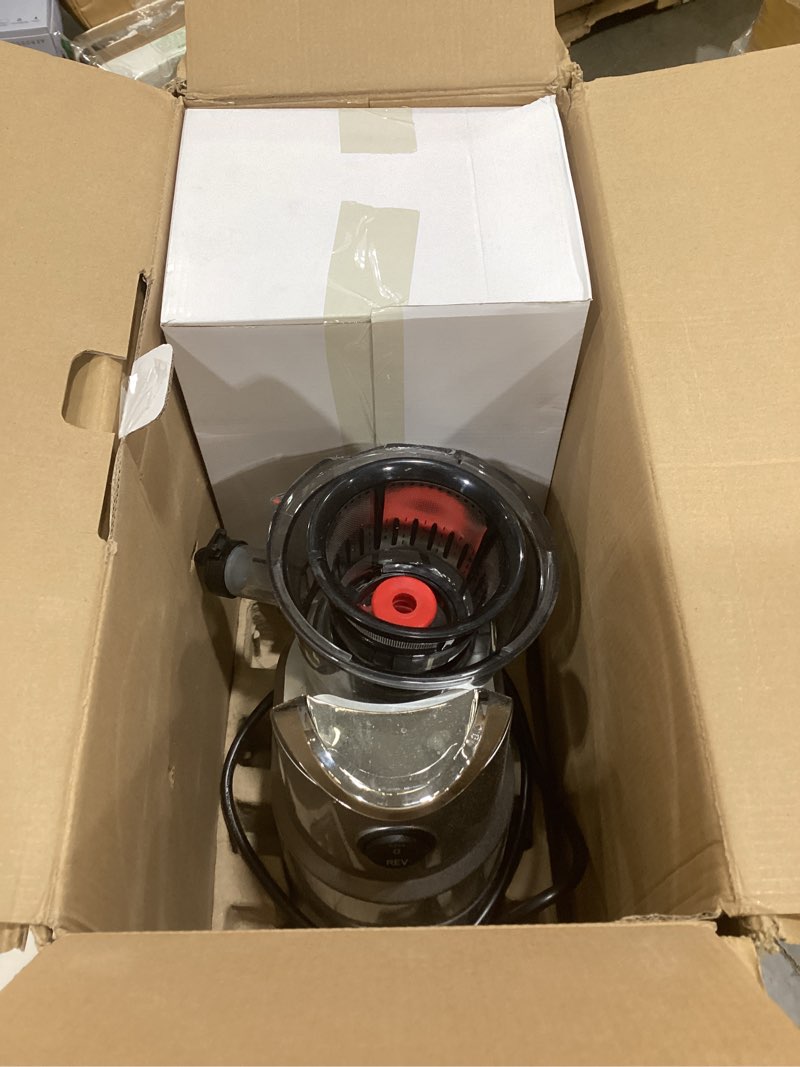 Condition photo showing As Is for kitchen in the box slow masticating cold pressed juicer machines, with 3.26" wide feed chute for whole fruits and vegetables (bright silver)
