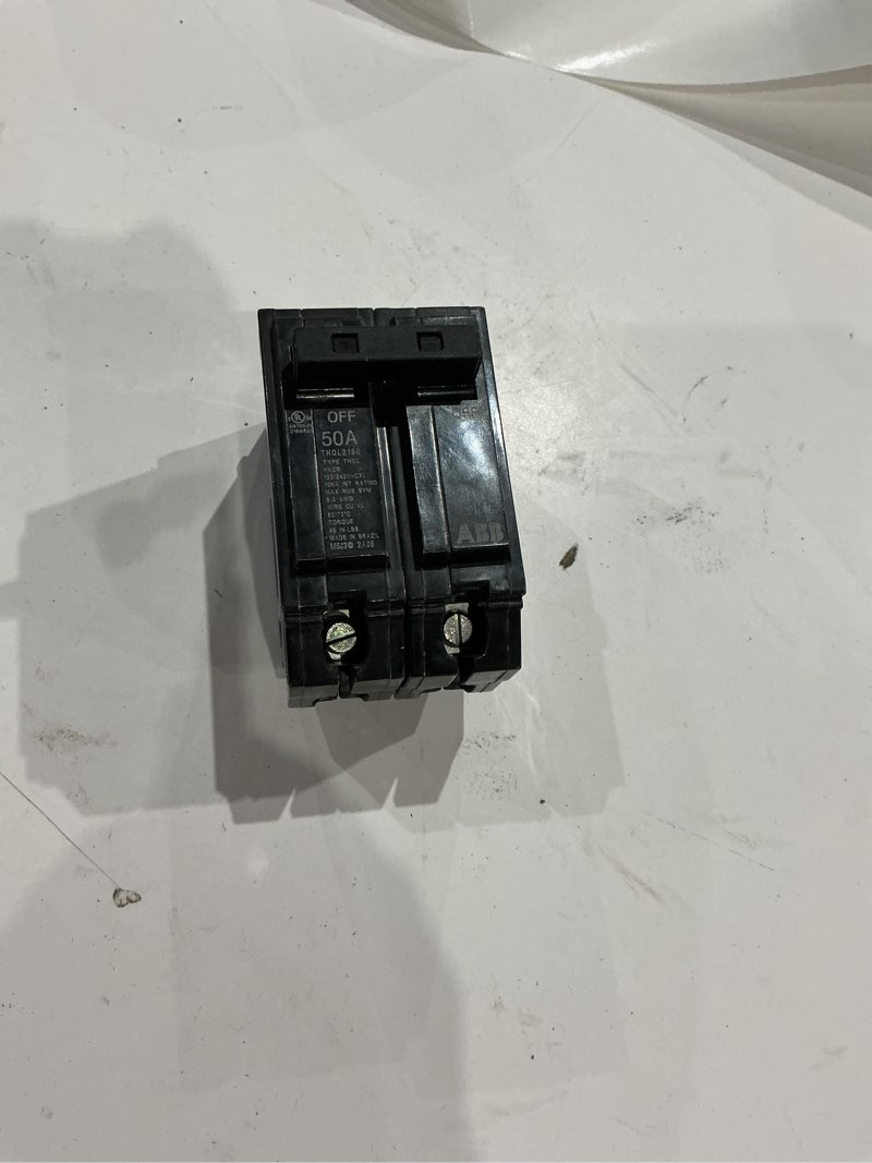 Condition photo showing As Is for 50 amp 1 in. double-pole circuit breaker (thql2150a)