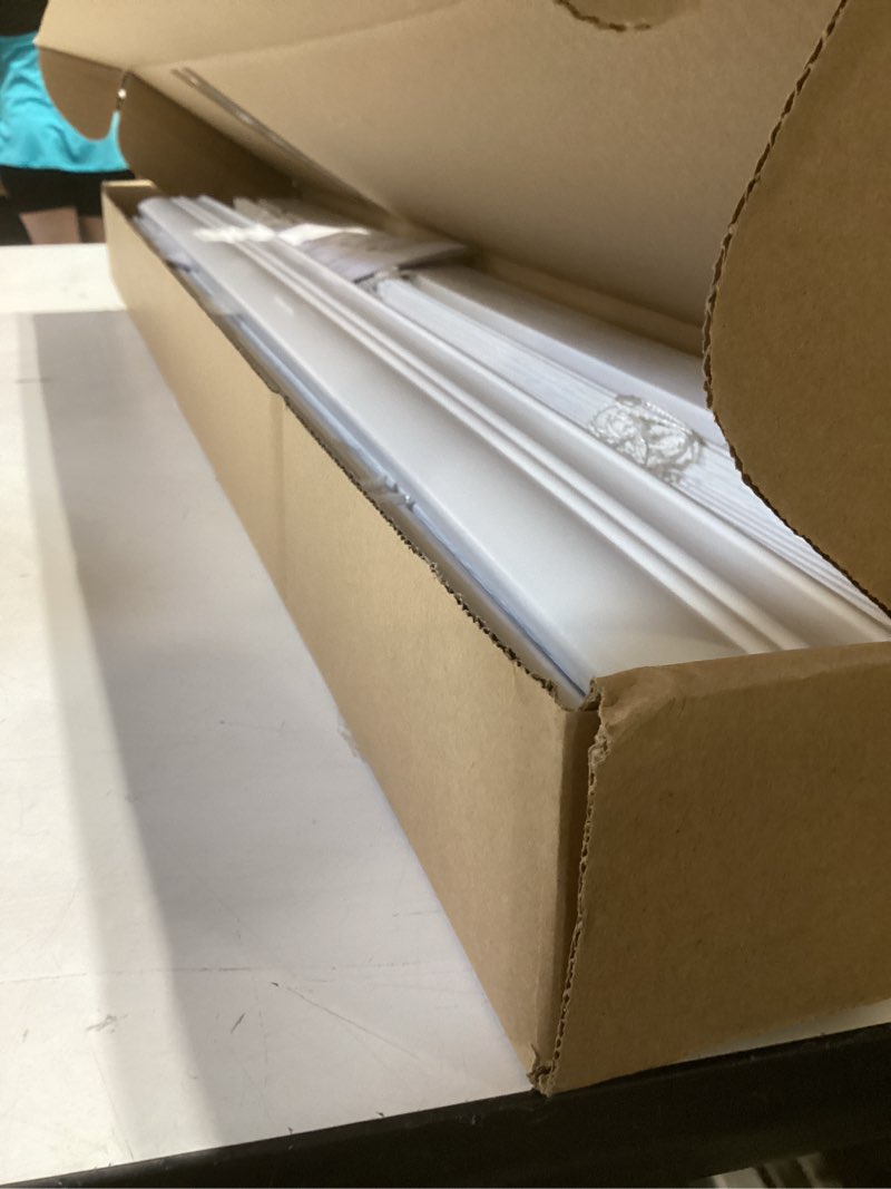 Condition photo showing As Is for allen + roth trim at home 2-in slat width 34-in x 64-in cordless white faux wood room darkening horizontal blinds