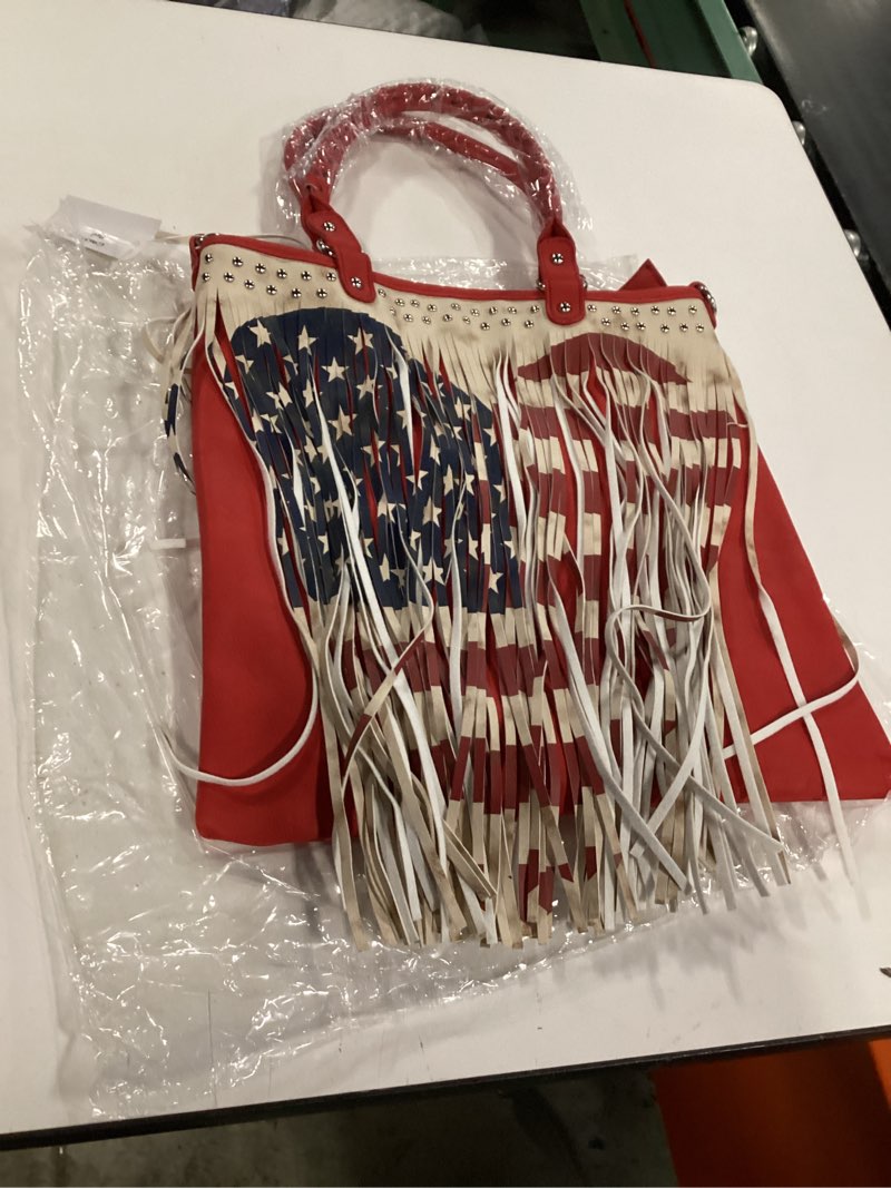 Condition photo showing As Is for american flag fringe tote bag > boutique handbags > mezon handbags