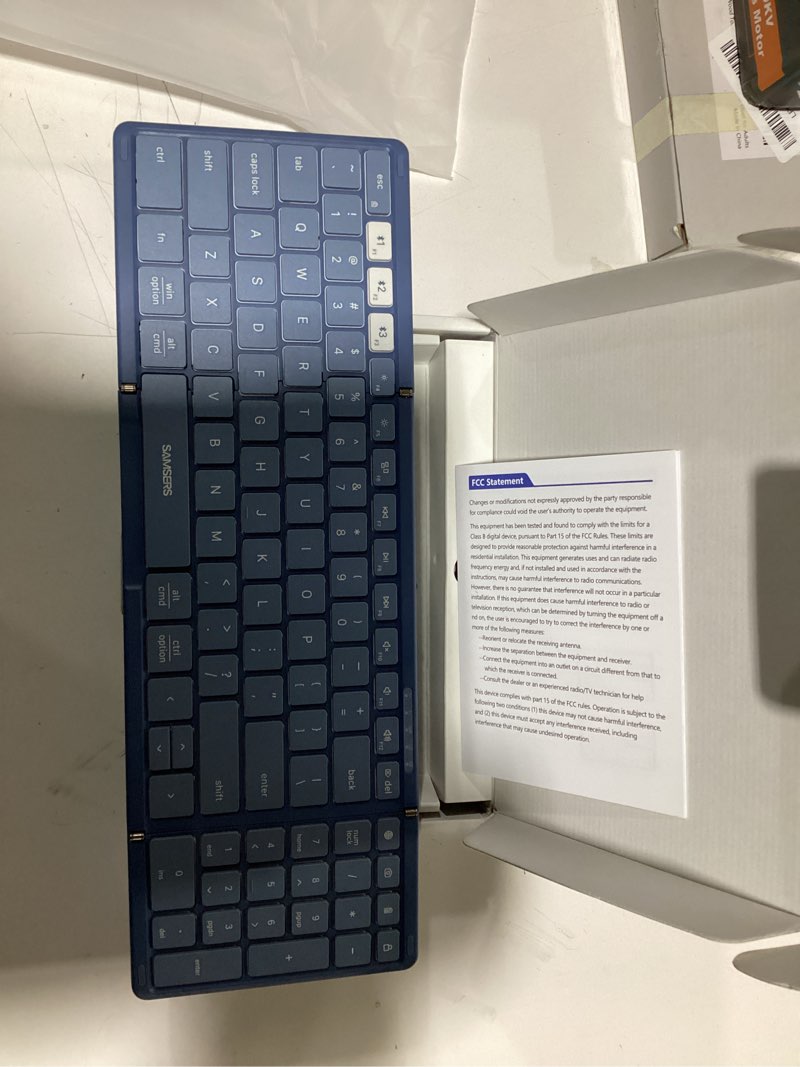 Condition photo showing New/Like New for Samsers Foldable Bluetooth Keyboard with Numeric Keypad, Full-Size Wireless Folding PU Leather, Portable Travel for iOS Android Windows Mac OS, Support 3 Device(BT5.1 x 3) Blue Full-Size Young Blue