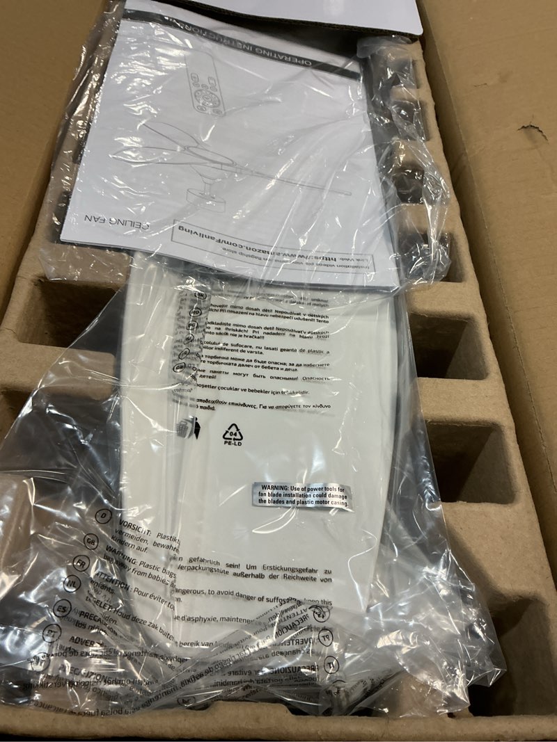 Condition photo showing New/Like New for 52 Inch 6 Speed High CFM Quiet DC Motor Modern Ceiling Fan with Lights Remote Control, 3 Blade White Gold Indoor Bedroom Living Room Ceiling Fan