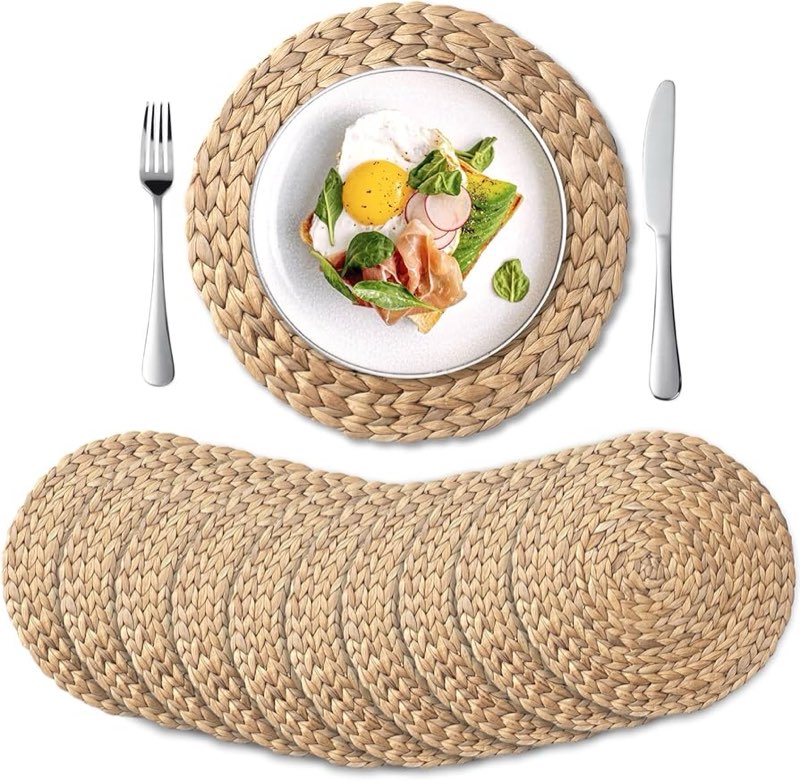 10 pack, round woven placemats, natural water hyacinth place mats, braided straw table mats for dini