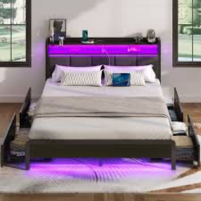 Franzi Bed with Storage Headboard, Bed Frame with 4 Storage Drawers, Charging Station and RGB  LED Lights