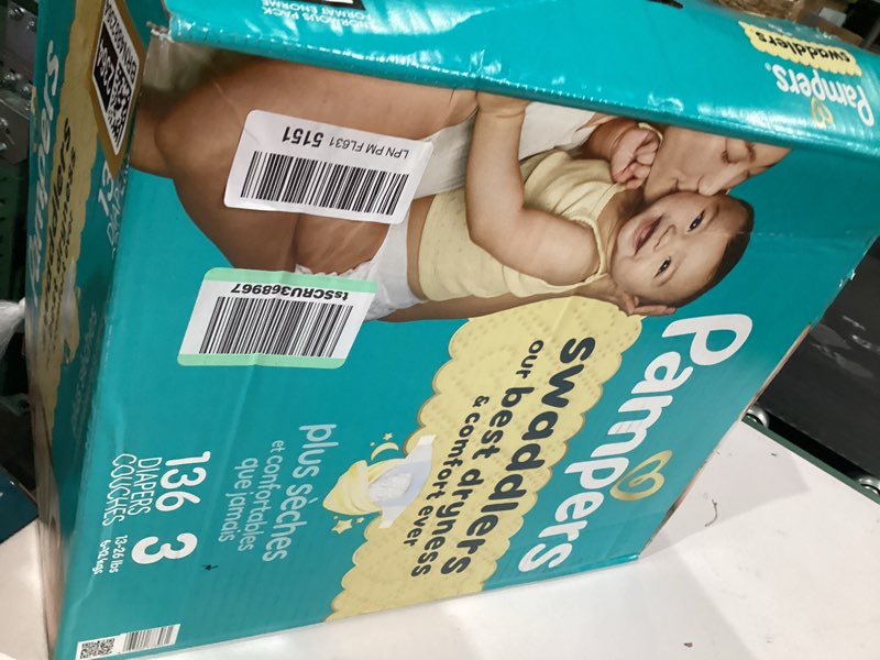 Condition photo showing New/Like New for pampers swaddlers diapers, size 3 (13-26 lbs), 136 count, absorbent, keeps baby dry and comfortable, skin safe disposable baby diaper (packaging may vary) size 3 136