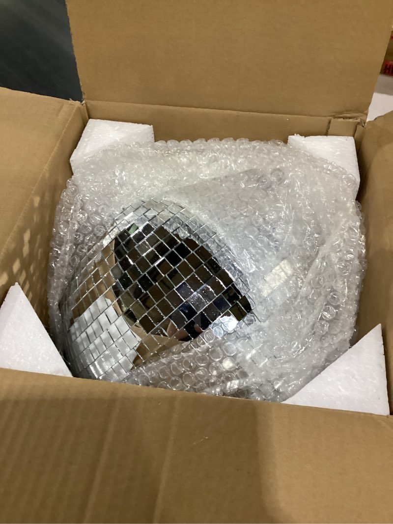 Condition photo showing Good Condition for 8 inch mirror disco ball, silver 8" disco ball decor hanging disco ball for party wedding holiday home decoration, disco ball x 1pc, replacement mirror x 20pcs, big disco ball