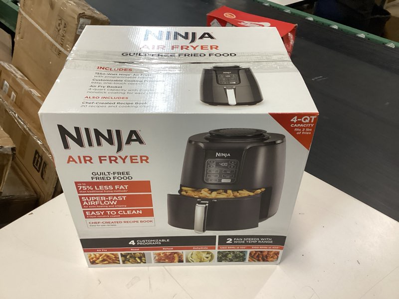 Condition photo showing New/Like New for ninja air fryer | 4 qt capacity | 4-in-1 roast, crisp, roast, reheats, & dehydrates | dishwasher safe parts | 105°f-400°f | includes 20 easy & healthy recipes | 1550 watt | grey | af101