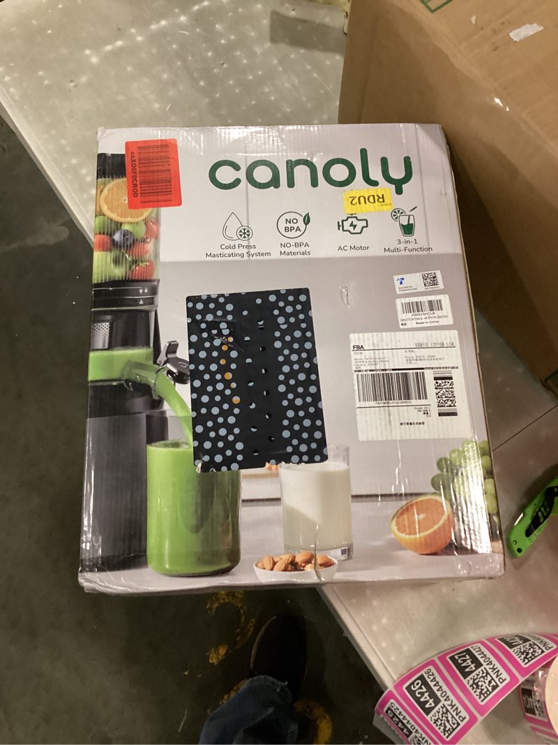 Condition photo showing New/Like New for canoly c16 cold press juicer, 6" extra wide feed chute, 3-in-1 strainers (juice & sorbet & nut milk), powerful ac brushless motor, self precut system, juicer machines with bpa-free (space gray)