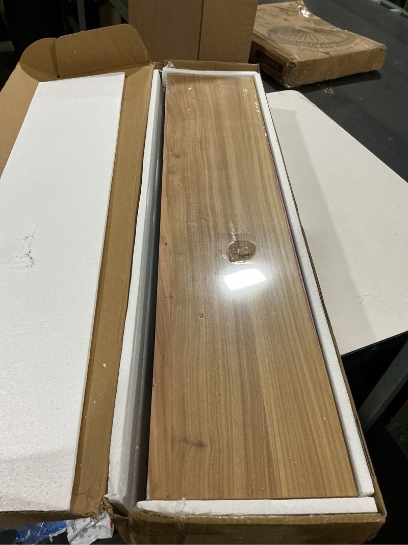 Condition photo showing As Is for floating shelves, deep usa-sourced rustic elm wood wall shelves for storage, 8 inch deep wall mounted display shelving with invisible heavy-duty metal bracket (natural, 36" w x 8" d, set of 2) natural 2 36"w x 8"d
