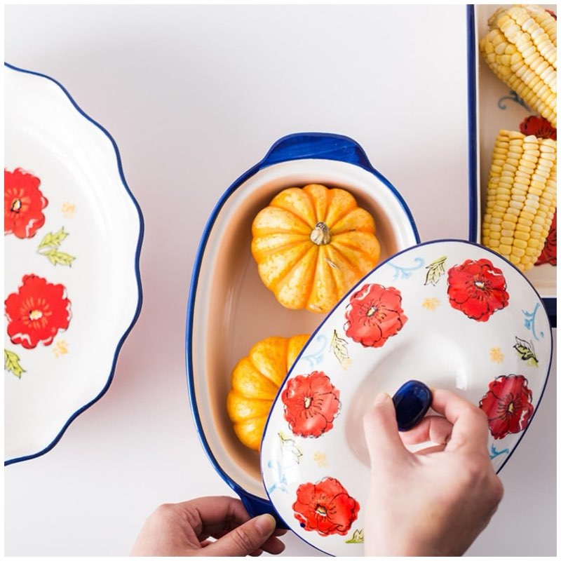 Floral Ceramic Casserole Dish with Lid – 3 QT Oval Baking Dish, Oven-Safe Stoneware for Lasagna, Roa