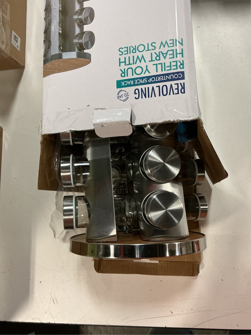 Condition photo showing New/Like New for revolving spice rack set with 20 spice jars, kitchen spice tower organizer for countertop or cabinet -- carousel storage includes 386 spice labels -- desktop rotating seasoning organizer 20 jars wood