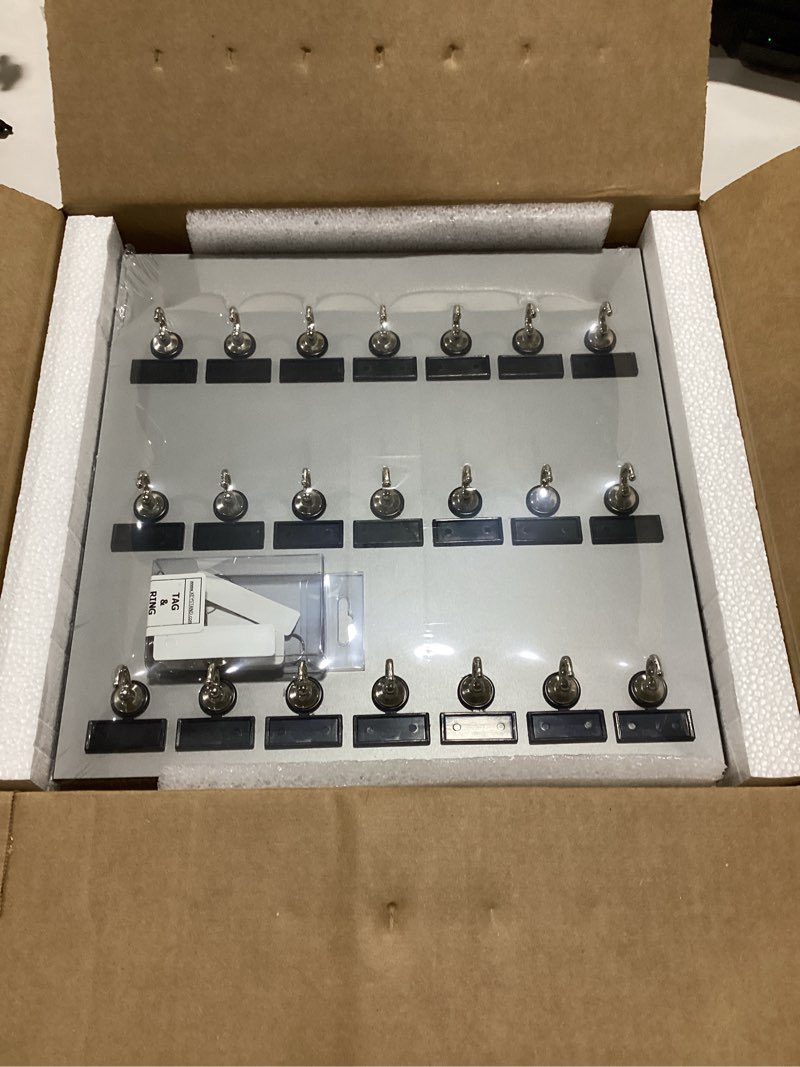 Condition photo showing New/Like New for wall mounted key holder 21mgn – melamine wood & 21 metal key hooks, for home & office, includes 21 sets of tag & ring. gray