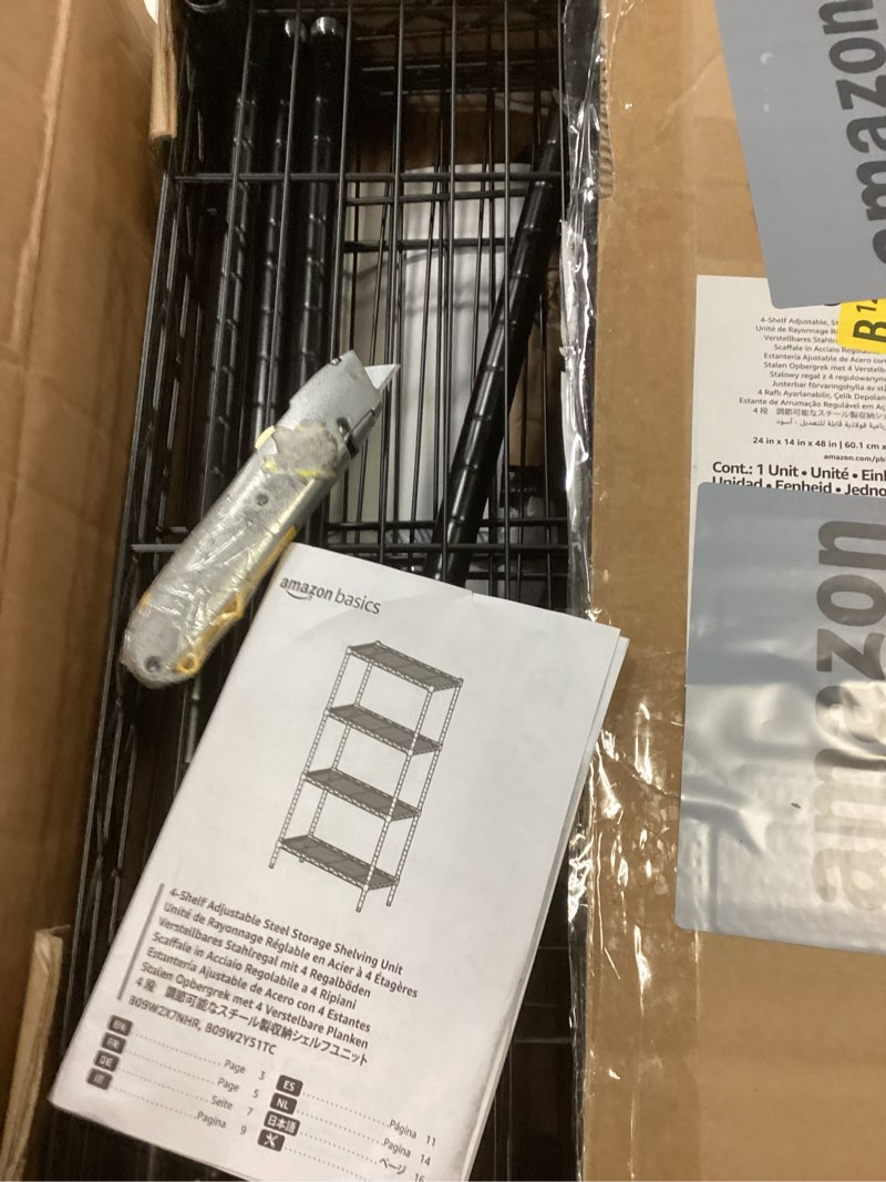 Condition photo showing As Is for Amazon Basics 4-Shelf Steel Wire Storage Rack, Adjustable, Sturdy, Easy Assembly, 13.4 D x 23.2 W x 48 H in, Black