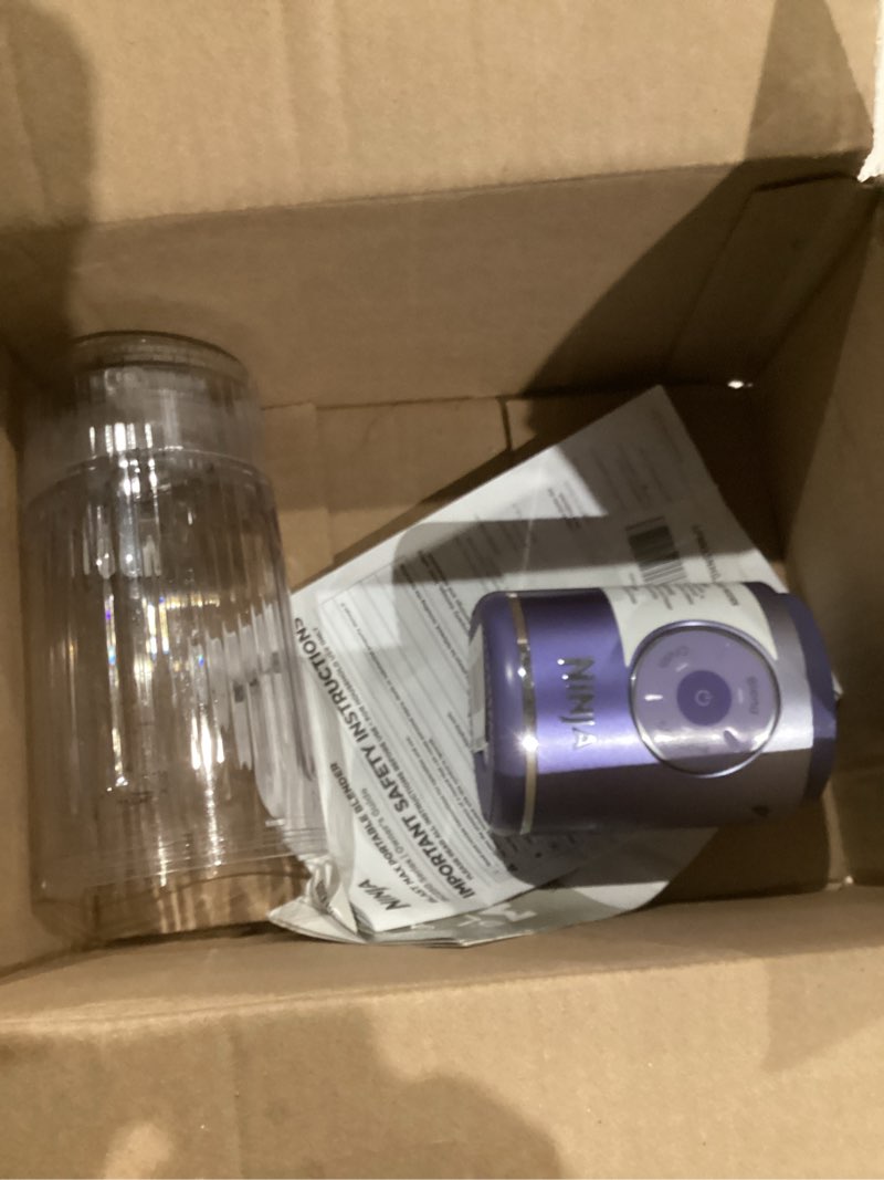 Condition photo showing As Is for ninja blast max, portable blender + twist & go, personal smoothie, blend, ice crush, 3 programs, cordless, 22 oz removable vessel, dishwasher safe, leakproof, lavender, bc251ld